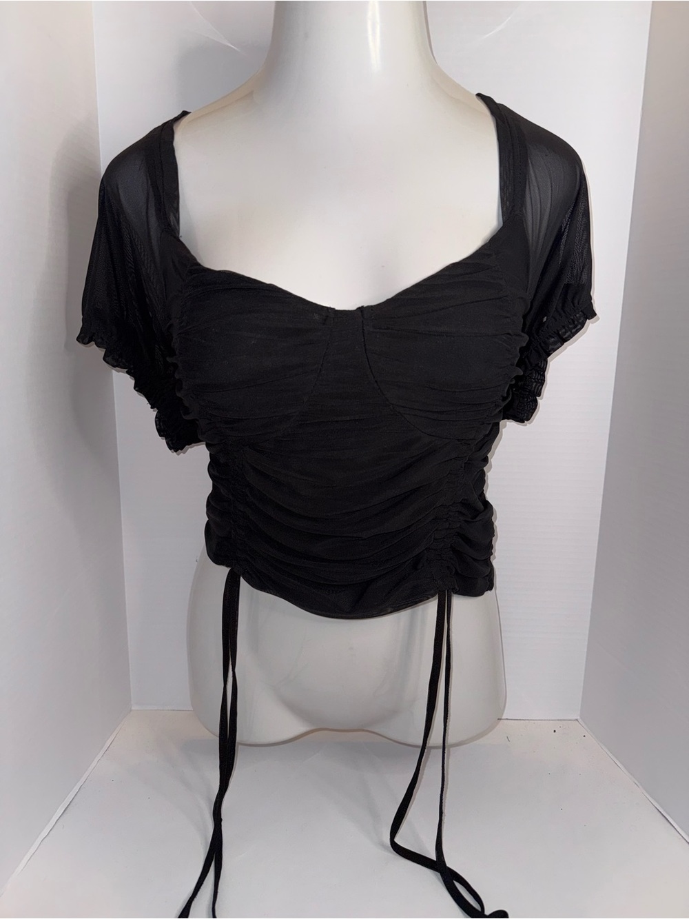 Black Ruched Square-Neck Crop Top with Tie Details XL
